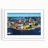 Abstract art print of a serene Swedish landscape in muted earth tones on a white framed canvas.