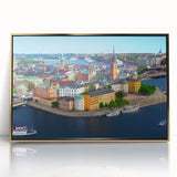 Acrylic print of a serene Swedish landscape in pastel colors, framed in gold, suitable for modern nursery decor.