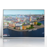 Art deco poster of a serene Swedish landscape in muted green and blue, acrylic framed, ideal for modern nursery wall art.