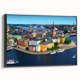 Black and white landscape art painting of a serene Swedish scenery on a framed canvas, ideal for bedroom wall decor.