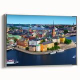 Framed canvas depicting a vintage-style Swedish landscape in muted colors, ideal for enhancing a living room ambiance.