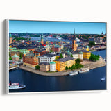 Vintage poster art of a European landscape on a large framed canvas, featuring vibrant color contrasts.