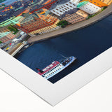 Art deco poster of a serene Swedish landscape in pastel blue and green tones on rolled canvas.