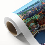 Art Deco poster of a serene Swedish landscape in muted green and blue tones, rolled canvas, ideal for nursery wall art.