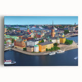 Black and white stretched canvas depicting a serene Swedish landscape, ideal for kitchen wall art.