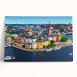 Black and white photograph of a serene Swedish landscape on stretched canvas, ideal for kitchen wall art.