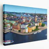 Large art of a serene Swedish landscape on stretched canvas, in soft blue and green hues, ideal for kitchen wall art.
