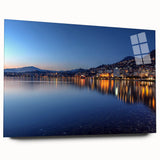 Acrylic print of a large abstract depiction of Geneva, featuring muted blues and greens.