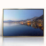 Large art print of Geneva scenery in muted gold and blue tones on a framed acrylic, ideal for modern art wall decor.