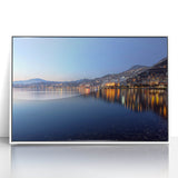 Art deco poster of Geneva scenery with muted blue and white tones on framed acrylic, suitable for modern nursery decor.