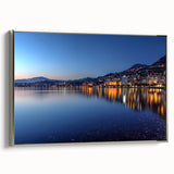 Framed canvas landscape art painting featuring a vintage-style Geneva scene in colorful tones, ideal for living room decor.