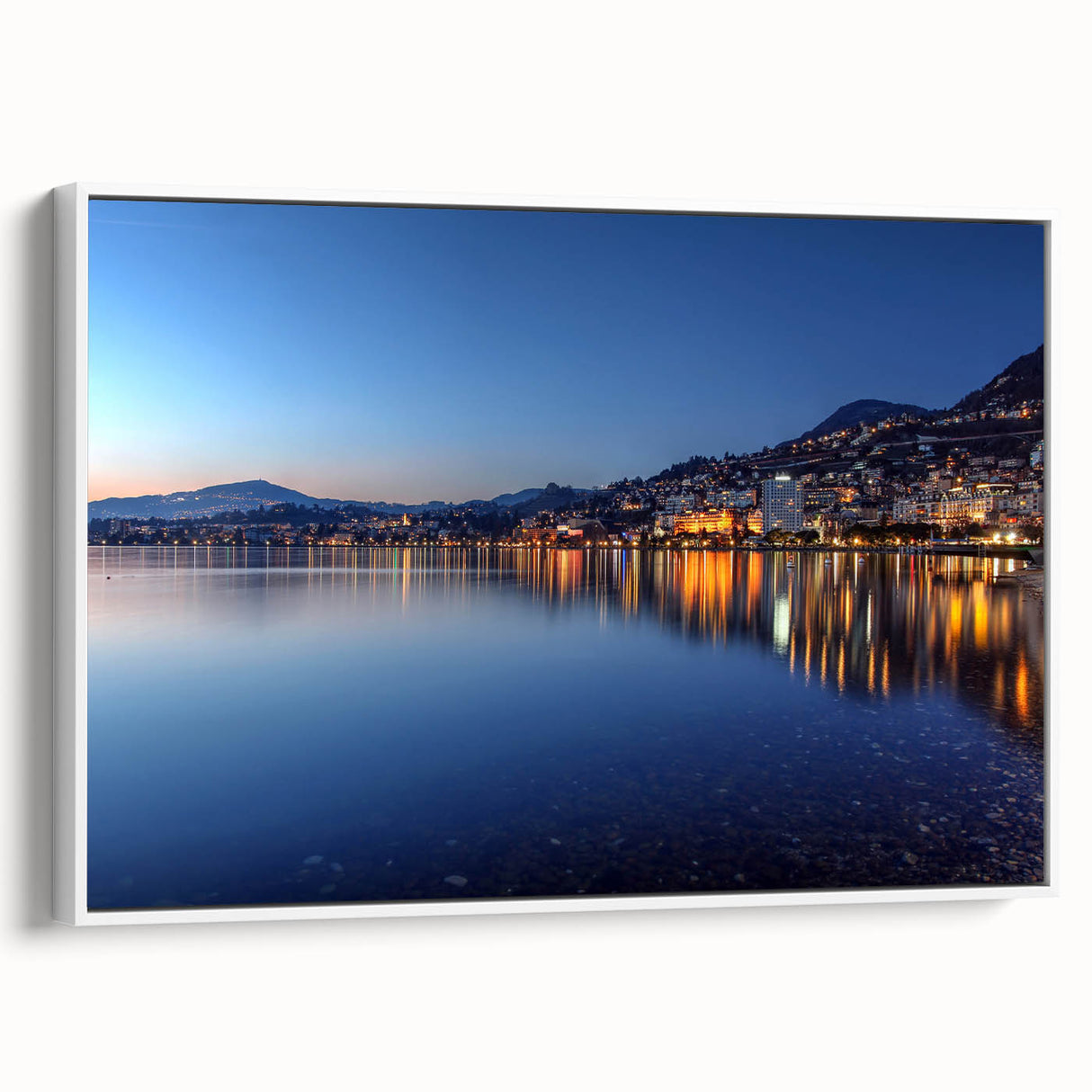Vintage poster art of Geneva scenery on extra large framed canvas, featuring colorful art against a black background.