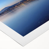 Art deco poster featuring a serene Geneva lake scene in muted blues and greens on rolled canvas.