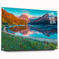 Acrylic print of a Swiss landscape with lush green fields and distant mountains, suitable for dining room decor.