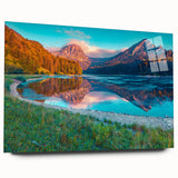 Acrylic print of a serene Swiss landscape, featuring muted green and blue tones, ideal for bedroom or dining room art.