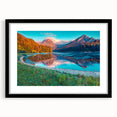 Colorful abstract art print of a European scenery in vibrant hues on a large framed canvas, ideal for living room decor.