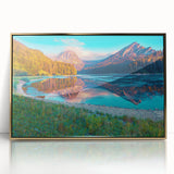 Acrylic print of a Swiss landscape with muted earth tones in a mid-century modernist style.