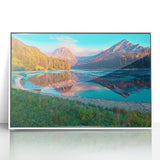 Acrylic print of a Swiss landscape, featuring serene blue and green hues in a modern art style, ideal for nursery wall decor.