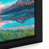 Extra large framed canvas featuring a textured depiction of a Swiss landscape in black with colorful art accents.
