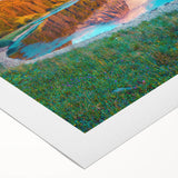 Art deco poster of a Swiss landscape in muted green and blue tones on rolled canvas, suitable for dining room wall art.