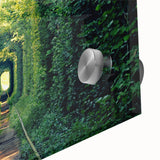 Large abstract wall art depicting a European landscape in muted earth tones on acrylic glass.