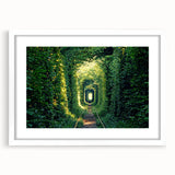 Abstract art print of a European landscape in muted earth tones on a framed white mat, ideal for dining room decor.