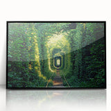 Large abstract wall art depicting a vibrant European landscape on a black framed acrylic, ideal for modern living room decor.