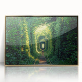 Mid-century modernist acrylic print of a European scenery with muted gold tones, ideal for modern art wall decor.