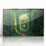 Mid-century modernist art of a European cityscape in muted blue and gray tones on a framed acrylic print.