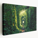 Large stretched canvas featuring a scenic European landscape in muted green and blue tones, suitable for kitchen wall art.