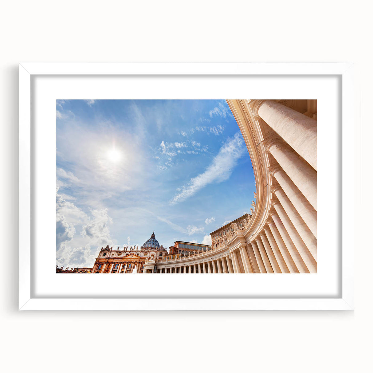Abstract art print of the Vatican scenery in muted earth tones on a framed white mat, ideal for dining room decor.