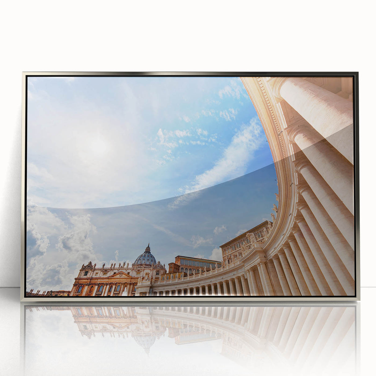 Mid-century modernist art depicting the Vatican scenery in muted earth tones on a framed acrylic.