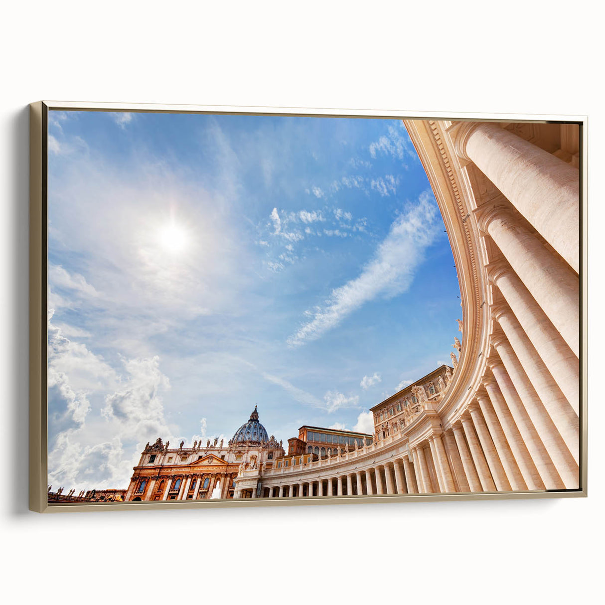 Framed canvas depicting the Vatican landscape in muted gold and black tones, ideal for bedroom wall art.