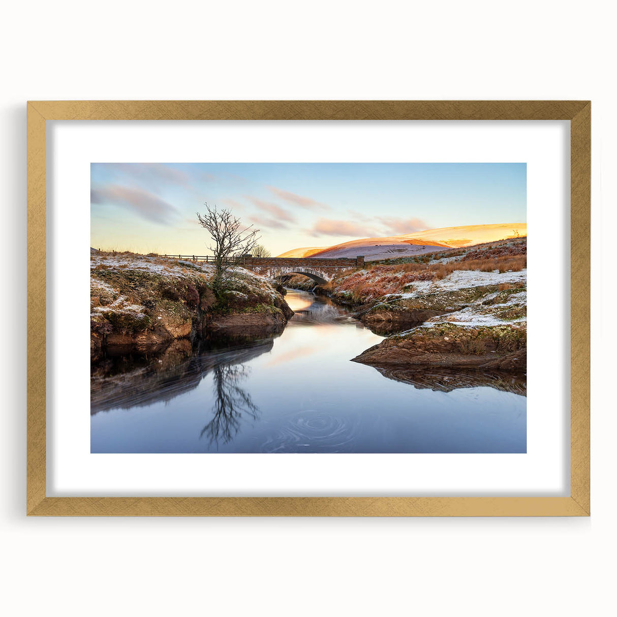 Extra large abstract art print of a Welsh landscape in muted green and brown tones on a framed canvas.