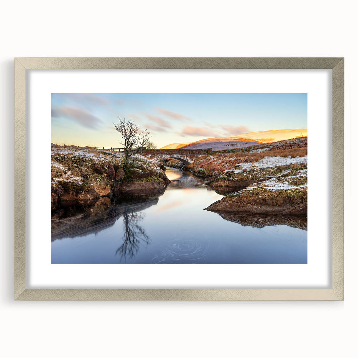 Textured art depicting an abstract Welsh landscape in muted earth tones, framed in silver, ideal for bedroom art.