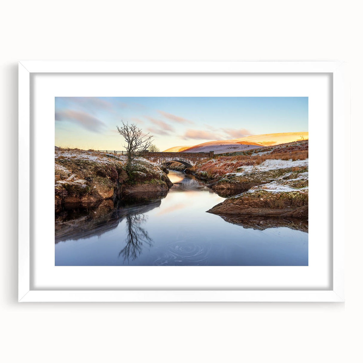 Abstract art print of a Welsh landscape in muted earth tones, framed with a white mat, suitable for dining room decor.