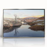 Mid-century modernist art of Welsh landscape in muted earth tones, acrylic print in silver frame.