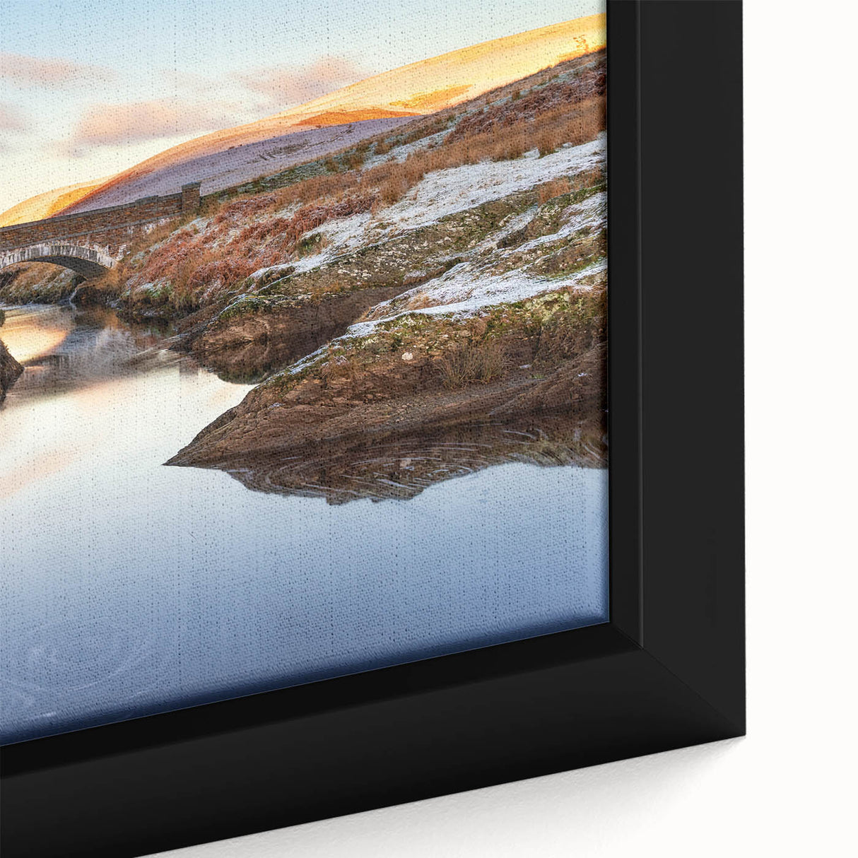 Extra large framed canvas depicting a textured black wall art of a scenic Welsh landscape with colorful accents.