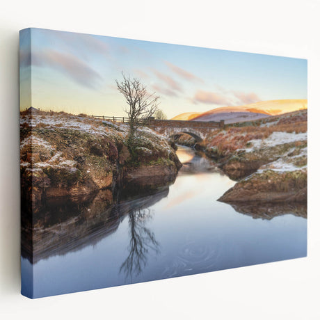 Large art depicting a scenic Welsh landscape on stretched canvas, in soft green and blue tones, suited for kitchen wall art.