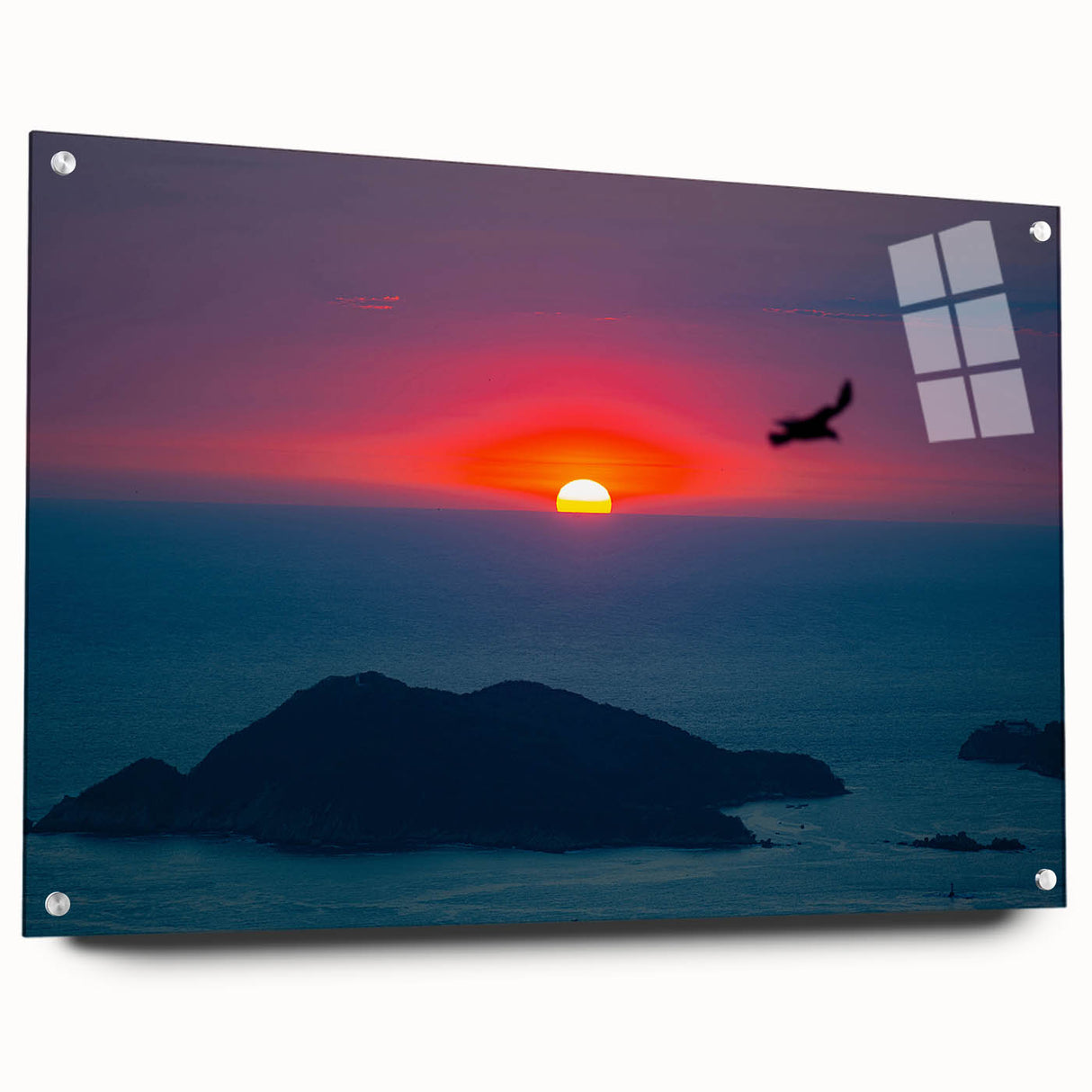 Large abstract depiction of Acapulco scenery on acrylic glass, featuring vivid blue and green tones.