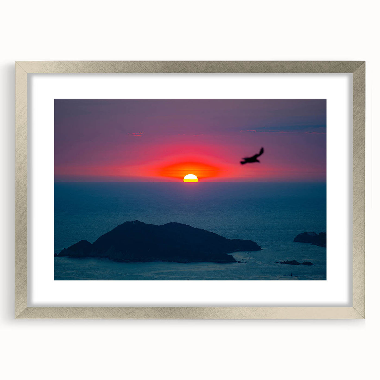 Textured abstract art print of Acapulco scenery in muted earth tones, framed in silver, ideal for bedroom art.