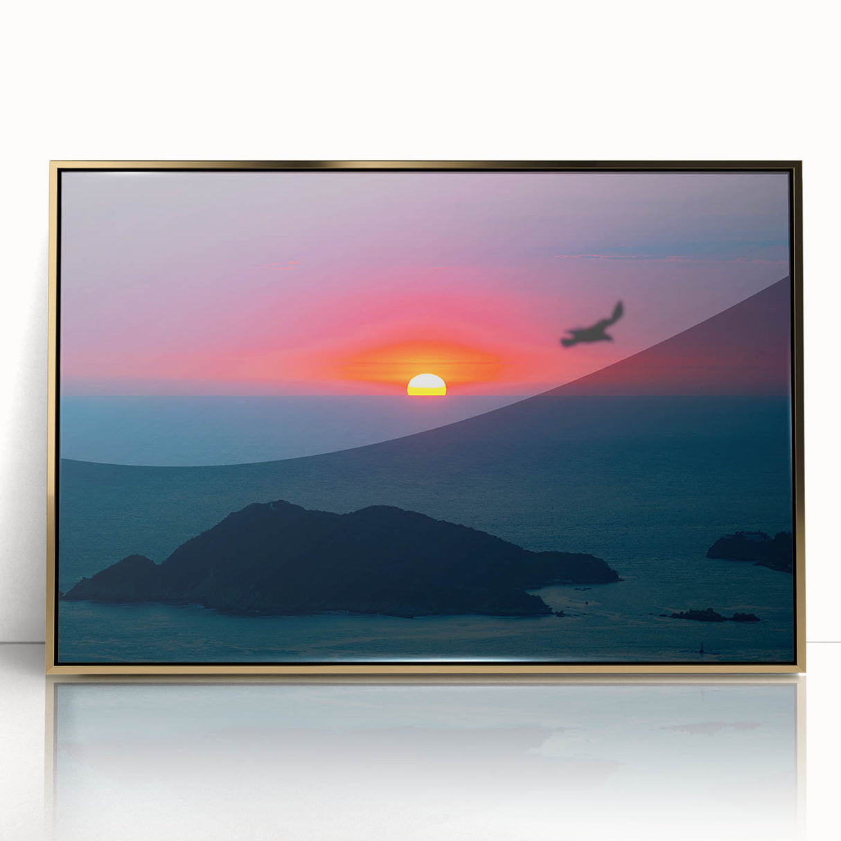 Framed acrylic print of Acapulco scenery in mid-century modernist style with vibrant colors, ideal for modern art wall decor.