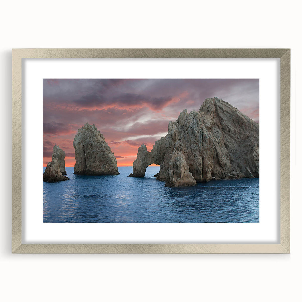 Abstract art print depicting Baja California scenery in muted earth tones on a framed silver mat.