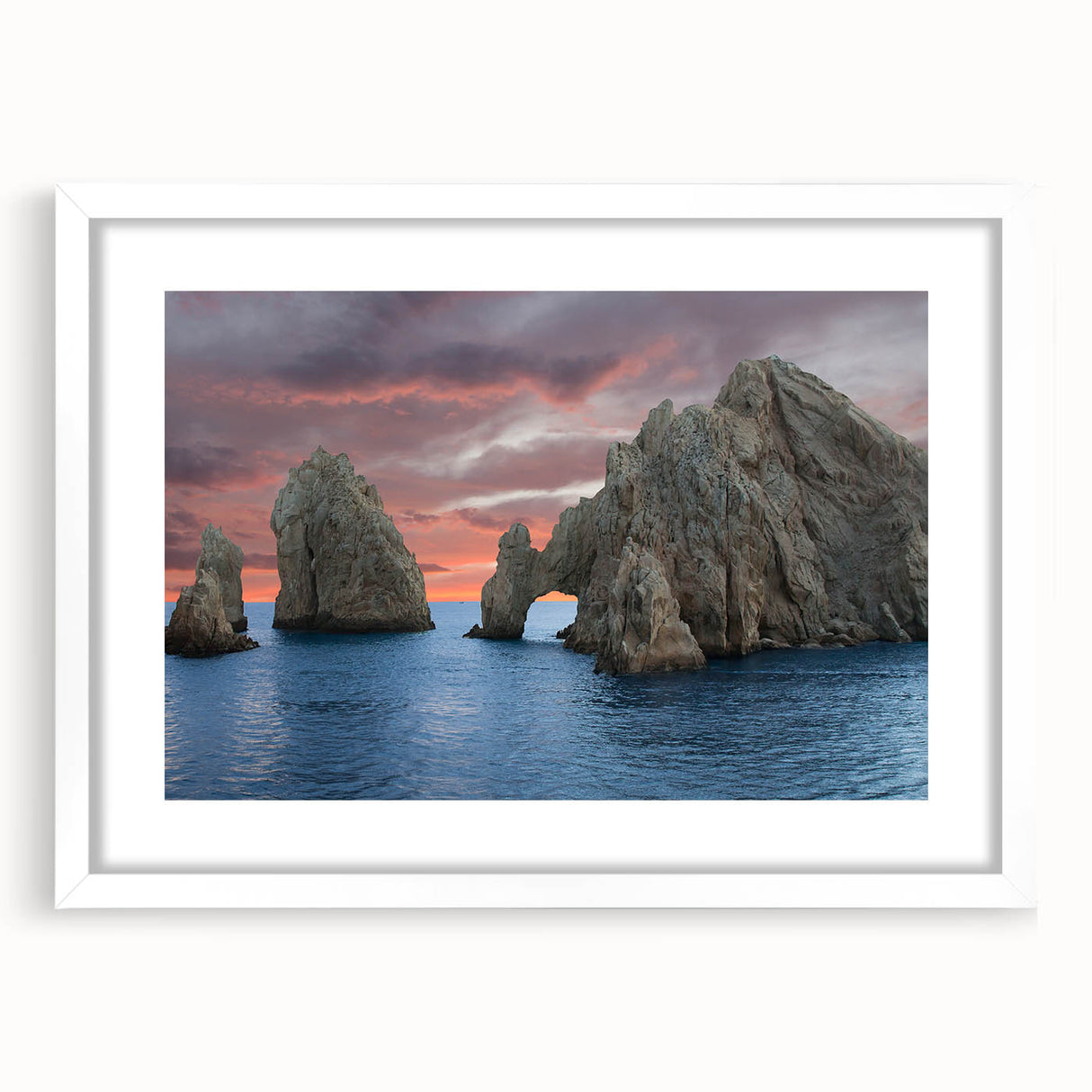 Large abstract wall art depicting Baja California scenery in earth tones on a white framed canvas.
