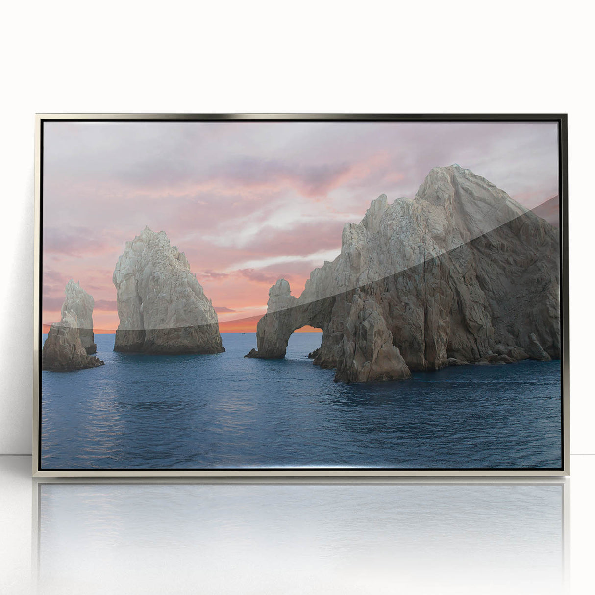 Mid-century modernist art depicting Baja California scenery in a silver-framed acrylic, ideal for nursery wall art.