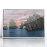 Art deco poster depicting Baja California scenery in muted pastel shades on a white framed acrylic.