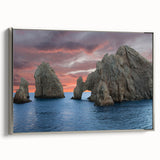 Framed canvas featuring a vintage-style landscape art painting of Baja California with colorful, muted tones.