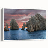 Vintage poster art of Baja California landscape on a framed canvas, featuring vibrant colors, ideal for living room decor.