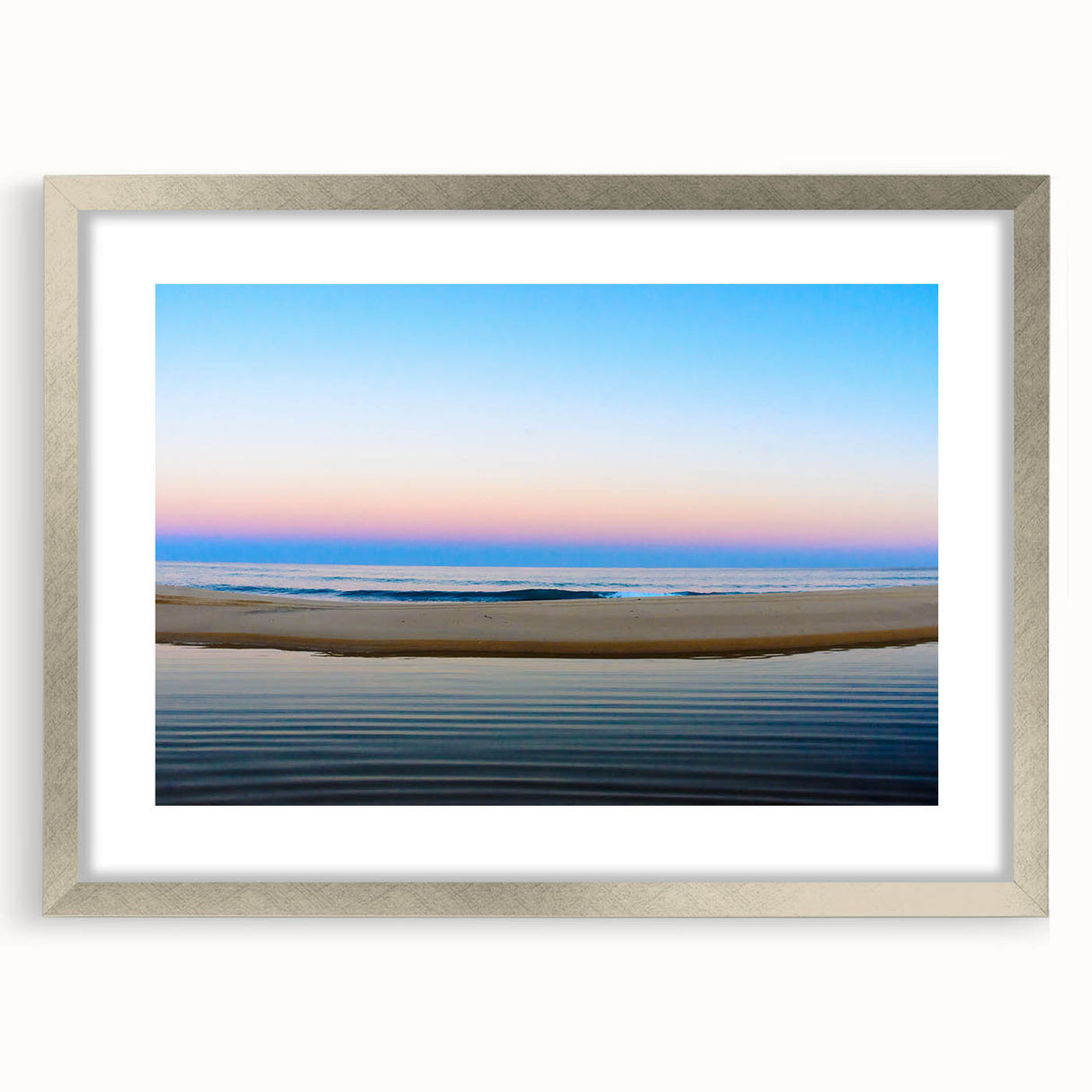 Textured abstract art print of Cabo San Lucas scenery in muted earth tones, framed in silver, ideal for bedroom art.