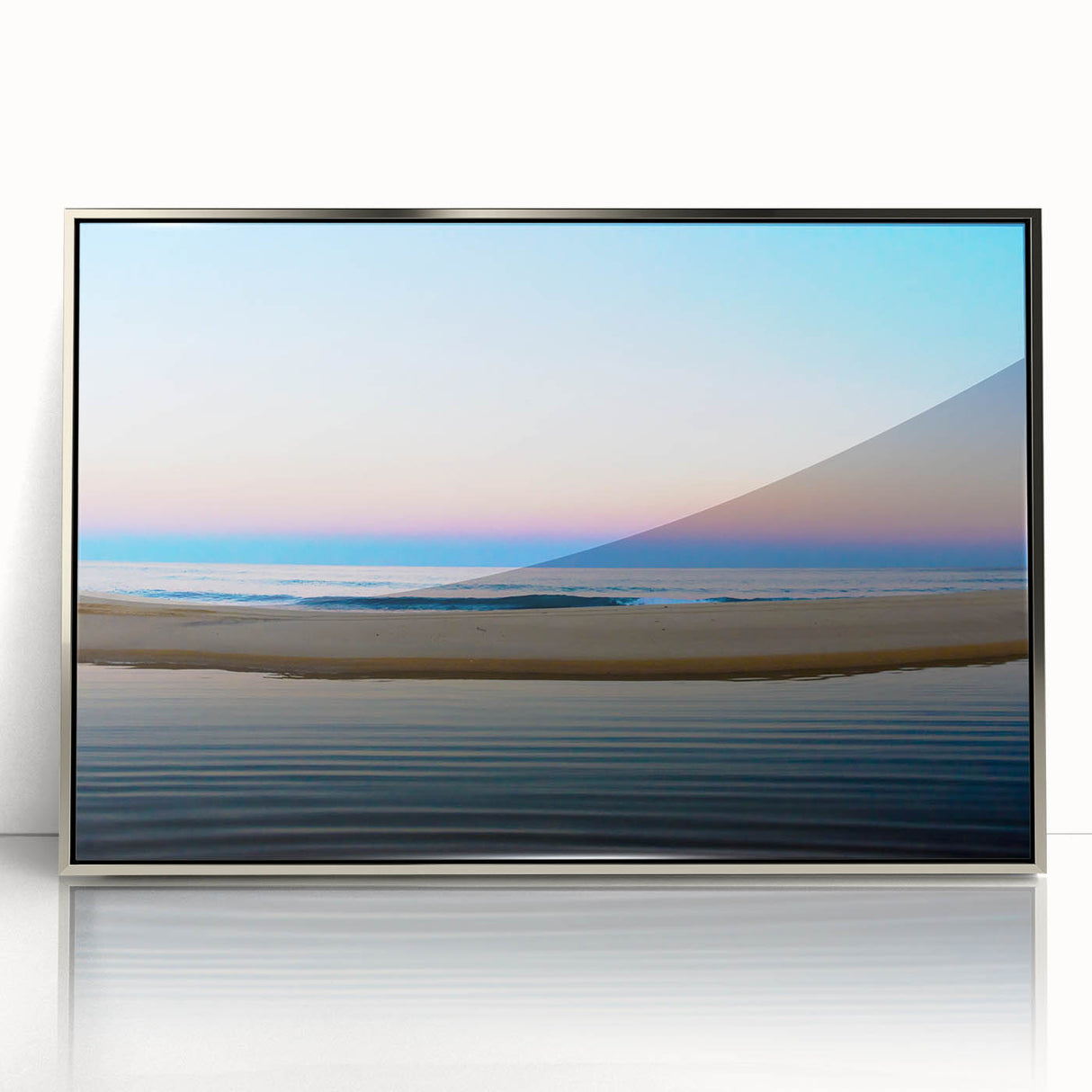 Mid-century modernist art of Cabo San Lucas scenery in silver-framed acrylic, suitable for modern art wall decor.